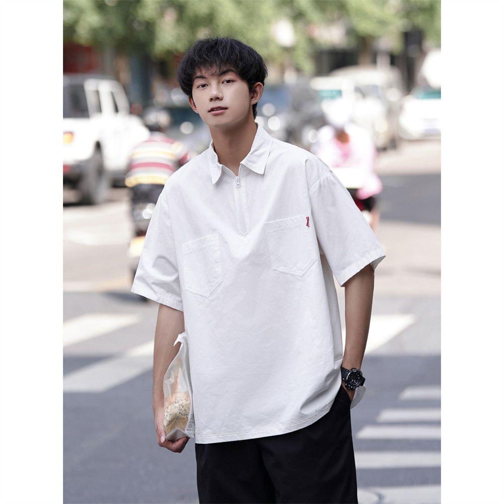 日系工装衬衫男短袖夏季潮牌潮流半拉链套头中性衬衣宽松7001-P45,男装T恤,星座710