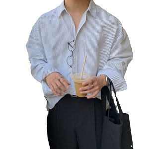 韩版条纹衬衫男士长袖新款宽松小众设计感轻熟风衬衣3405P45特价图片