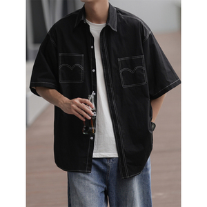 日系工装短袖衬衫男士夏季白色宽松休闲半袖衬衣痞帅百搭7003-P45图片