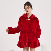 茉萱新款 进口天鹅绒红色连帽貂皮大衣女整貂中长款 水貂皮草外套冬