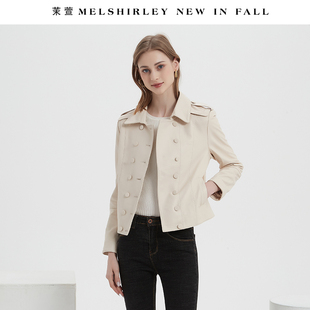 茉萱2025年春秋真皮绵羊皮双排扣复古短款时尚休闲白色皮衣女外套