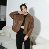 茉萱进口复古翻领机车真皮衣女2025新款 绵羊皮外套宽松棕色皮夹克
