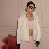 时尚 茉萱短款 连帽进口水貂小母貂洋气皮草外套女2025新款 貂皮大衣