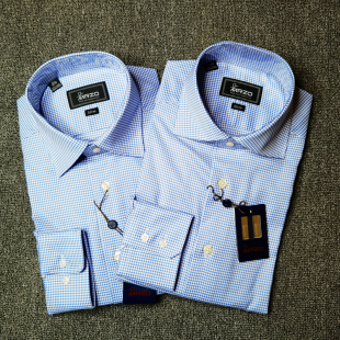 温莎领八字领千鸟格灰蓝二色 衬衫 MRZO全棉出口欧美男装 商务正装