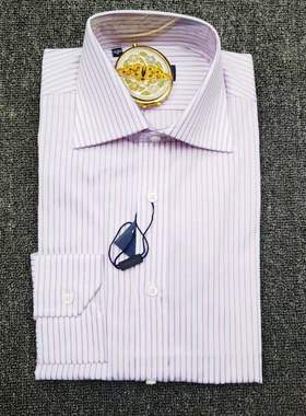 A品牌粉紫色线条男士春秋衬衫商务绅士修身长袖衬衣清仓
