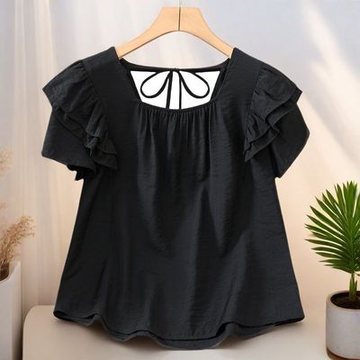 宽松雪纺衫女装短袖上衣夏季新款方口领黑色洋气拼接遮肉显瘦小衫