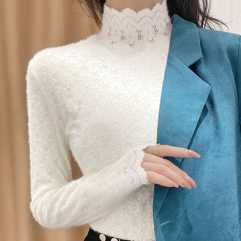 磨毛蕾丝立领长袖内搭外穿打底衫