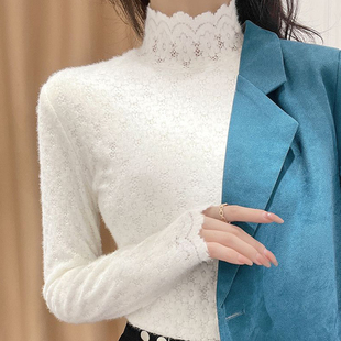 女内搭外穿修身 2025女春秋季 打底衫 套头磨毛蕾丝立领长袖 上衣 新款