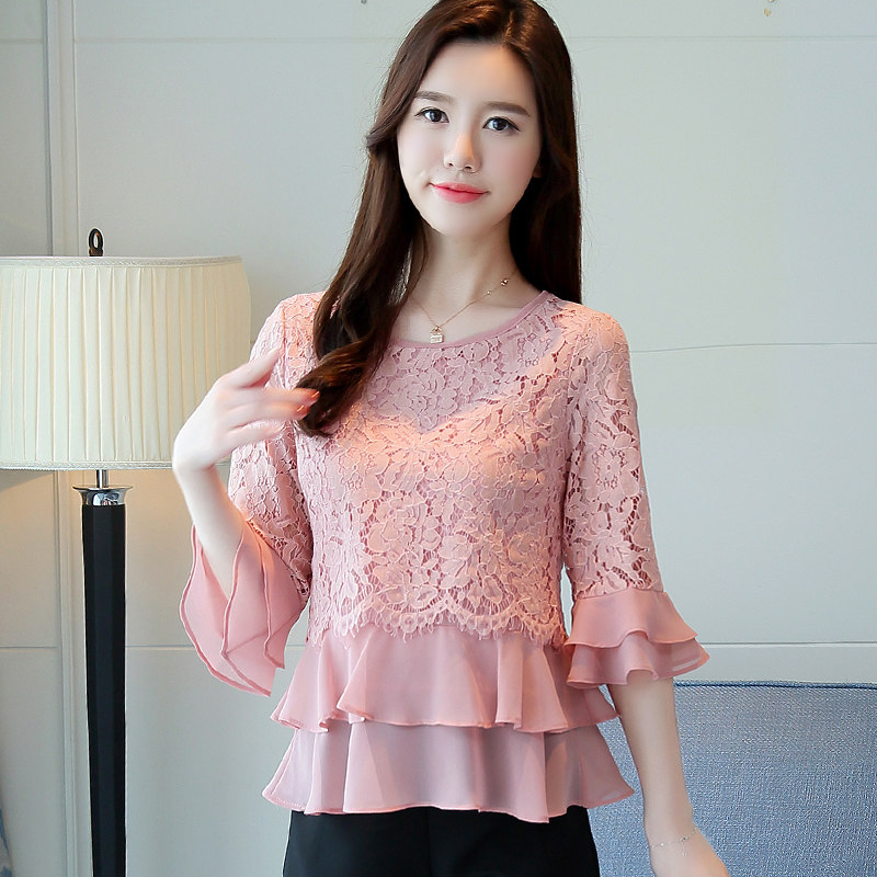 2026春秋新款七分袖荷叶边雪纺蕾丝衫圆领喇叭袖上衣女遮肚打底衫