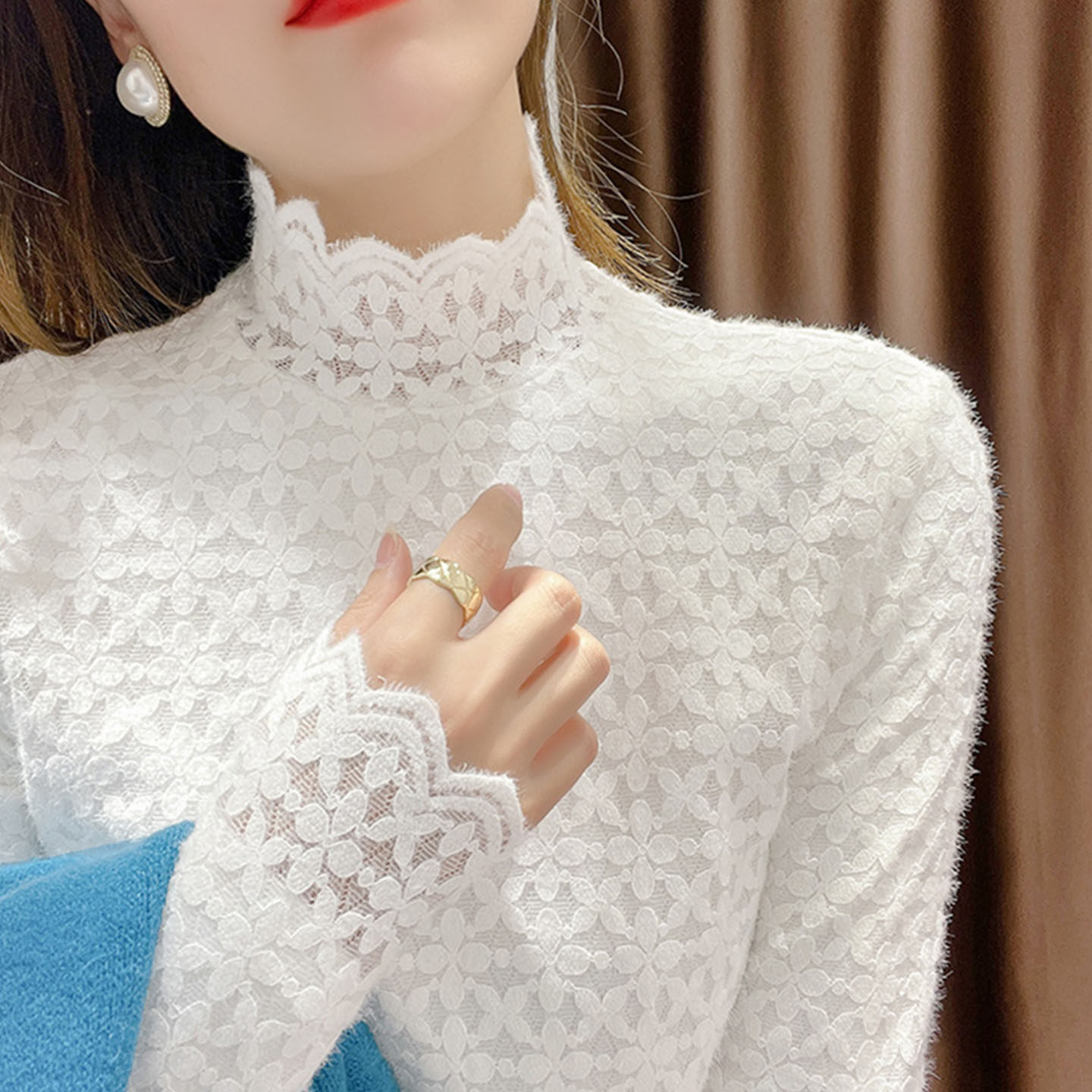 2025女秋冬新品毛衣外套内搭磨毛镂空蕾丝立领长袖打底衫修身上衣