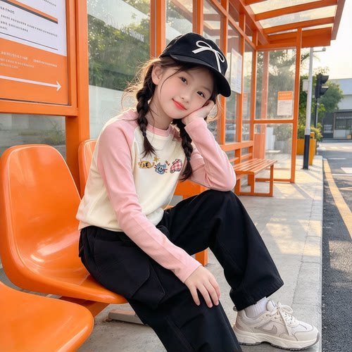 女童秋季拼色卡通纯棉长袖T恤