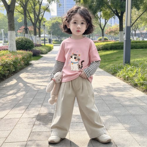 纯棉打底衫女童假两件卡通猫咪长袖T恤春秋新款儿童可爱洋气上衣