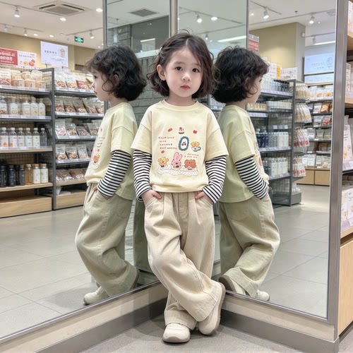 女童韩系假两件长袖T恤卡通印花条纹宽松打底上衣同款纯棉打底衫