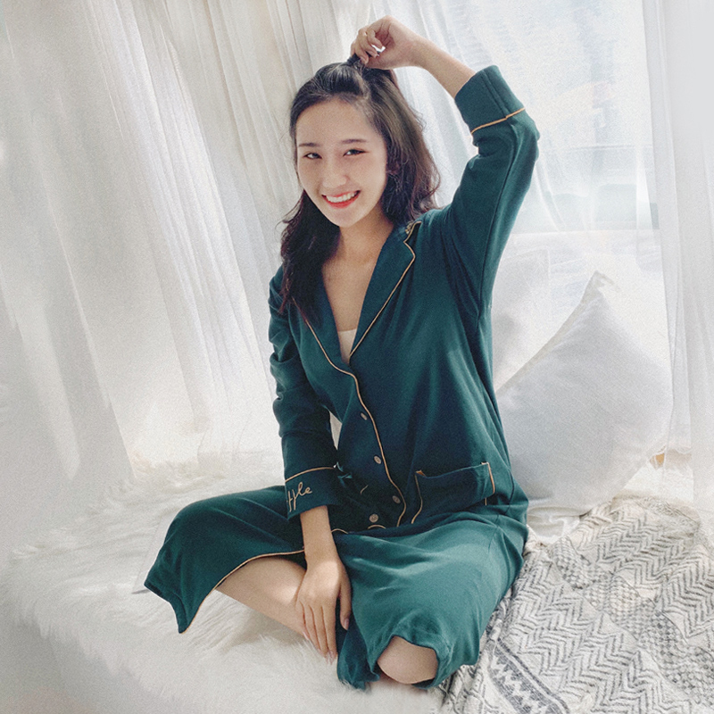 高级感宫廷风长袖女夏季纯棉薄款韩版衬衫式睡衣公主风纯欲风睡裙