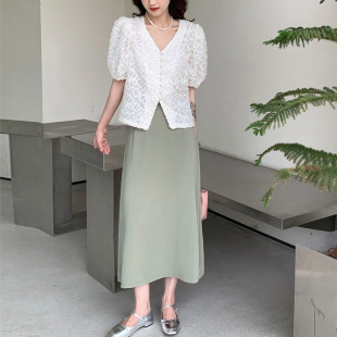 大码 高腰显瘦绿色a字裙半身裙2026春薄款 垂感复古雪纺伞裙中长款