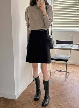 冬季百搭毛呢中裙2025半身裙女大码高腰显瘦遮跨一步裙a字短裙灰