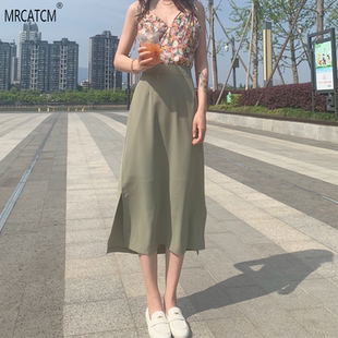 抹茶绿两侧开叉半身裙直筒裙中长款高腰显瘦甜美清新法式A字裙夏