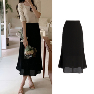 气质黑色雪纺鱼尾半身裙女2026夏天中长款新款小个子温柔风包臀裙