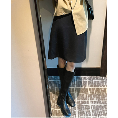 黑色中裙A字裙百搭毛呢半身裙