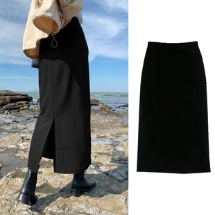 黑色罗马棉中长款 一步裙宽松休闲裙女2026高腰显瘦开叉裙包臀长裙