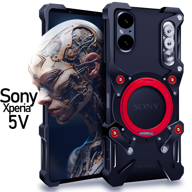 适用于Sony索尼Xperia5V金属手机壳防摔Xperia5IV铝合金保护套磁吸支架旋转齿轮挂绳硬外壳简约透气散热潮男