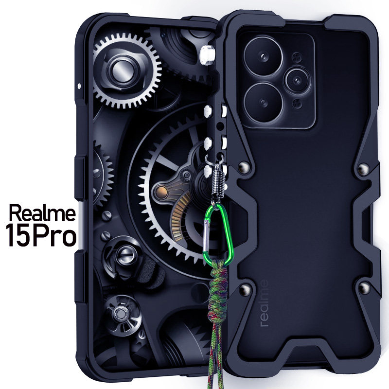 适用于Realme真我15Pro金属边框式手机壳防摔铝合金保护套中框包边硬外壳镂空透气散热机械臂复古简约高级男图片