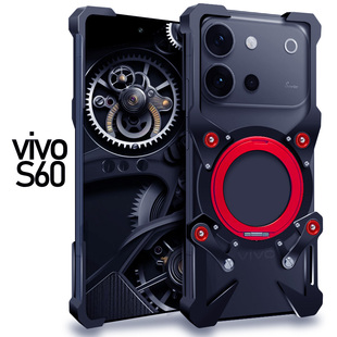 适用于vivoS60元气版金属手机壳防摔旋转磁吸支架新款铝合金保护套机械臂复古挂绳镂空透气散热硬外壳厚简约