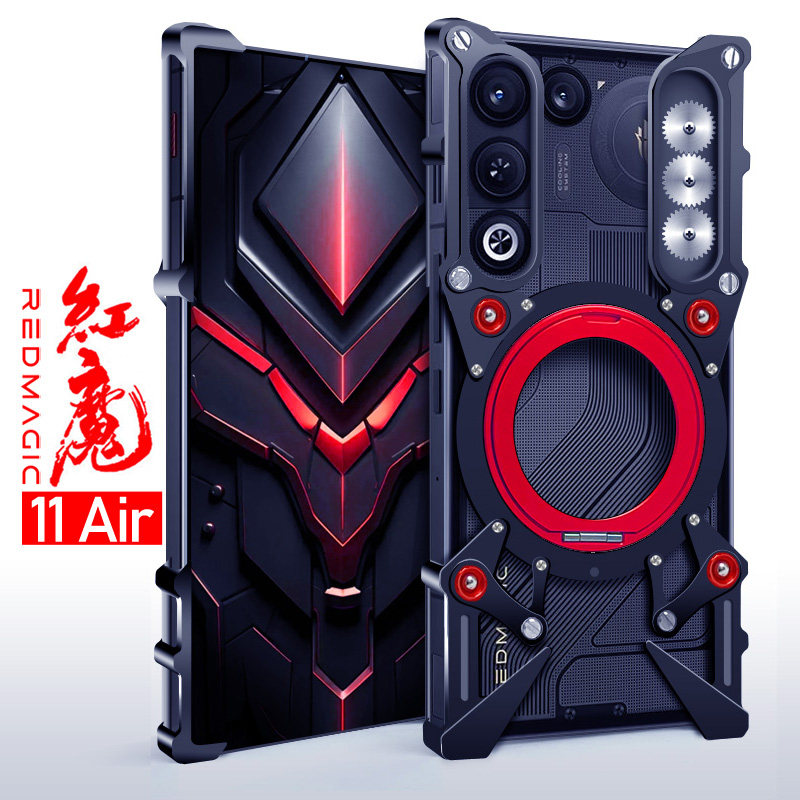 适用于红魔11Air金属手机壳防摔旋转磁吸支架新款铝合金保护套机械臂复古挂绳镂空透气散热硬外壳厚个性齿轮图片