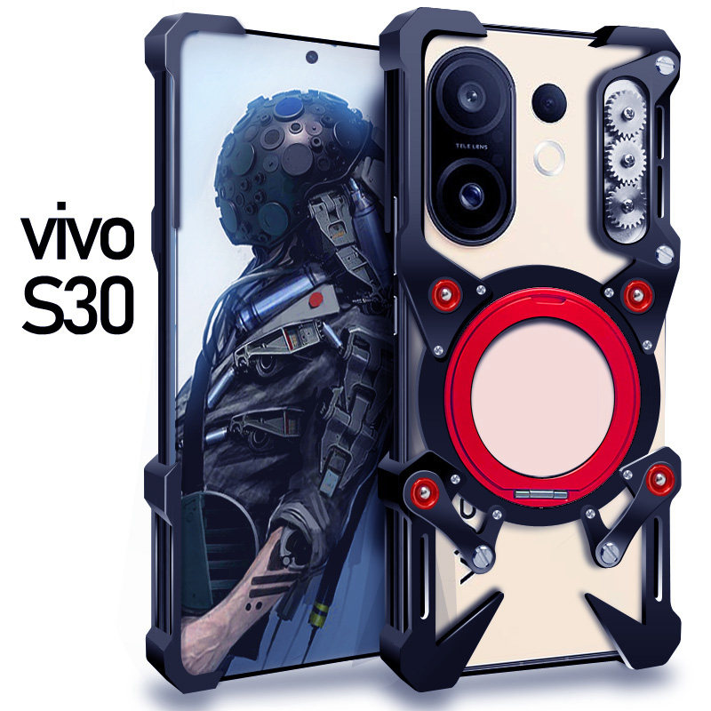 适用于vivoS30金属手机壳防摔旋转磁吸支架齿轮铝合金保护套机械臂复古挂绳镂空透气散热硬外壳简约潮男加厚图片