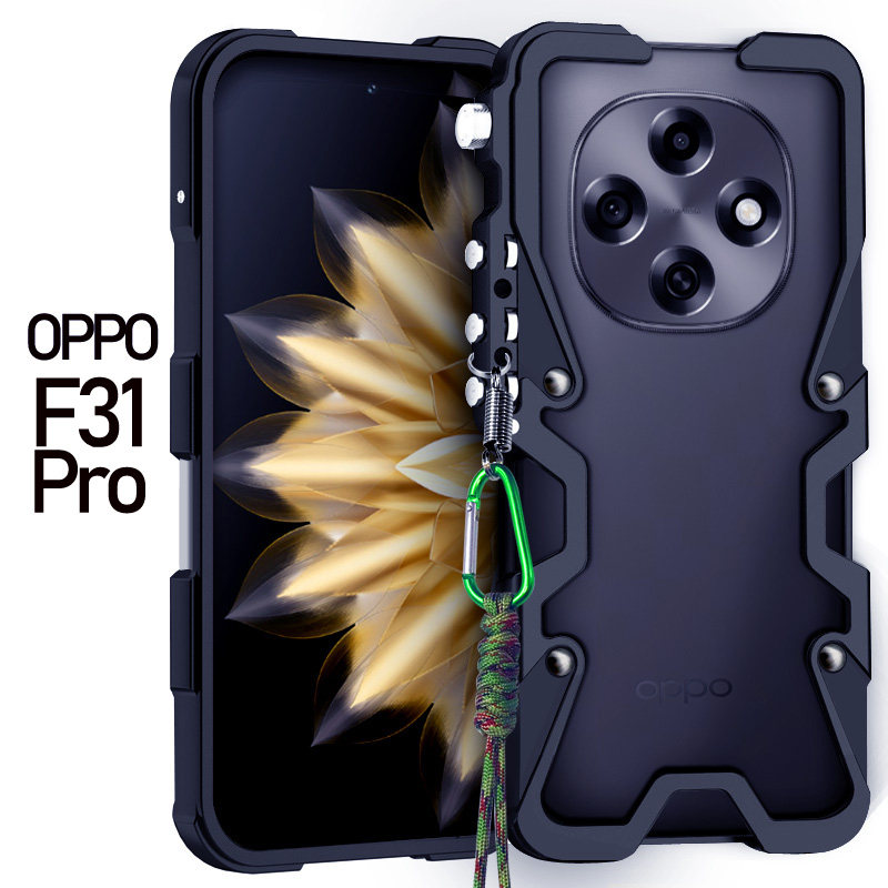 适用于OPPOF31Pro+金属边框式手机壳防摔铝合金保护套机械臂复古挂绳镂空透气散热硬外壳简约厚潮男个性加厚图片