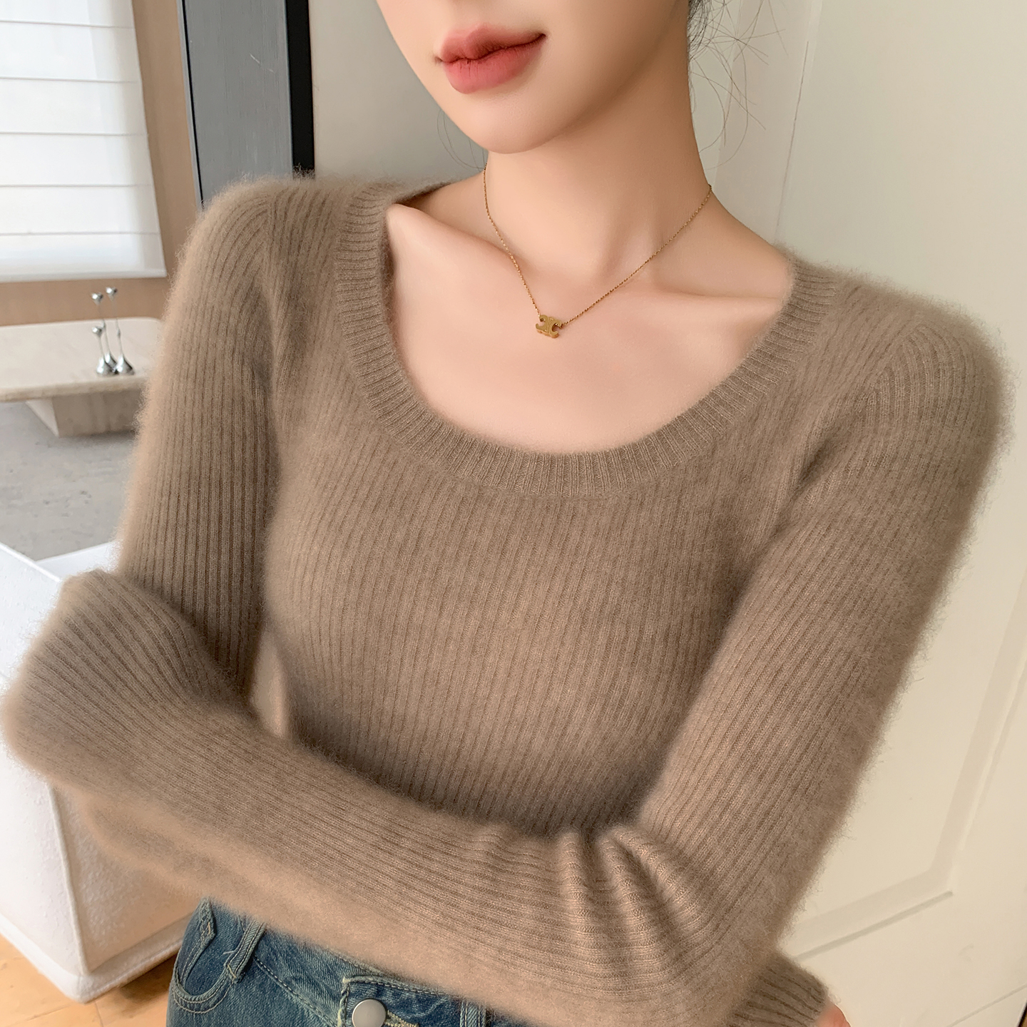 无缝紧身大圆领100%纯羊绒毛衣女秋冬软糯显瘦长袖内搭针织打底衫