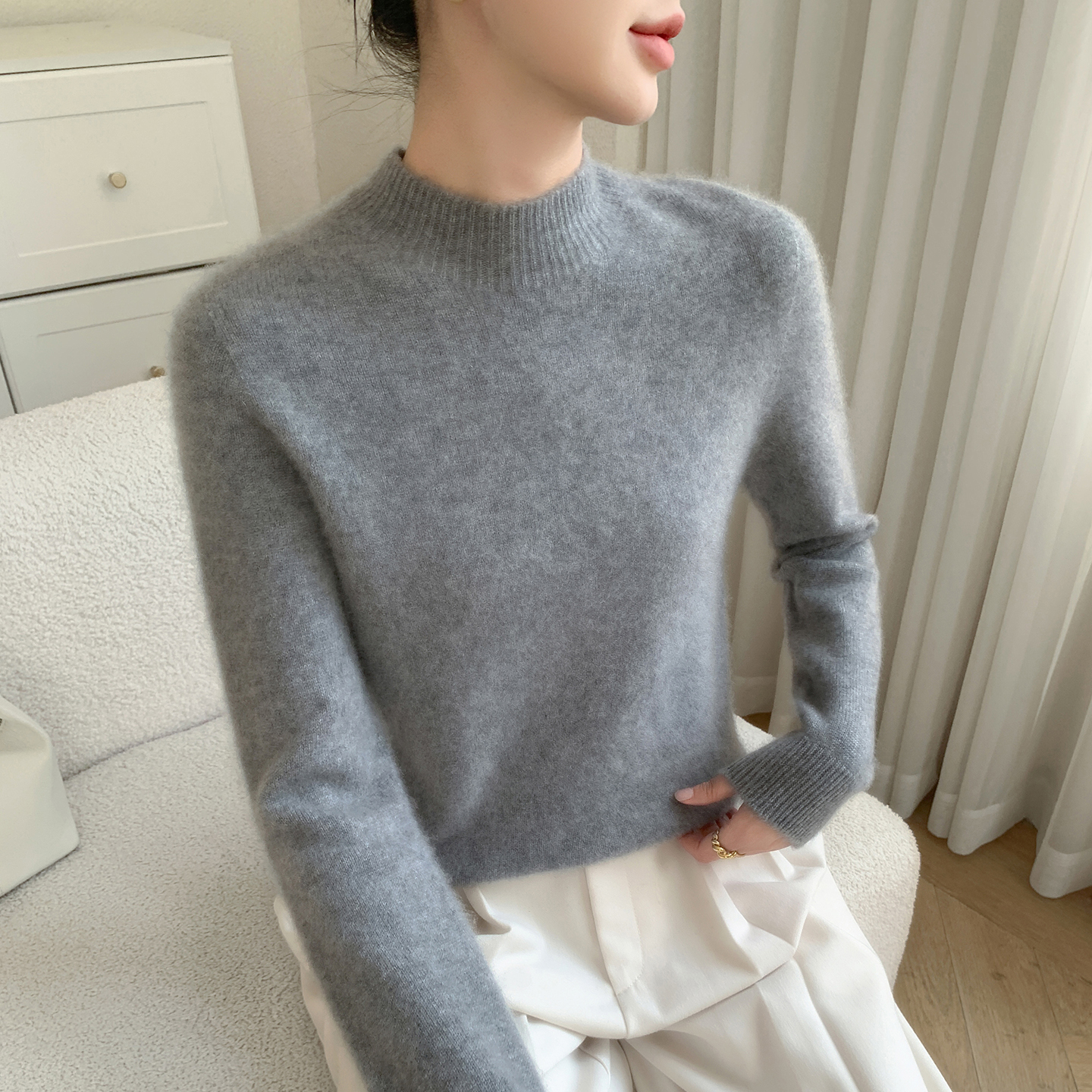 半高领加厚100%山羊绒针织毛衣