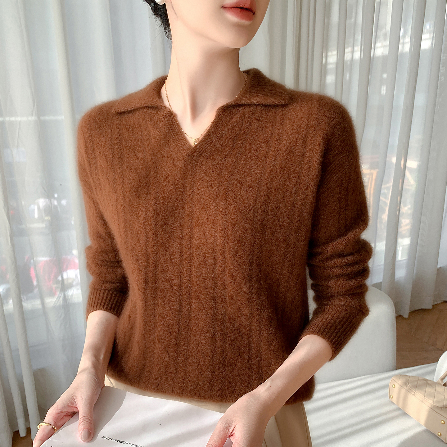 V领100%山羊绒针织毛衣女