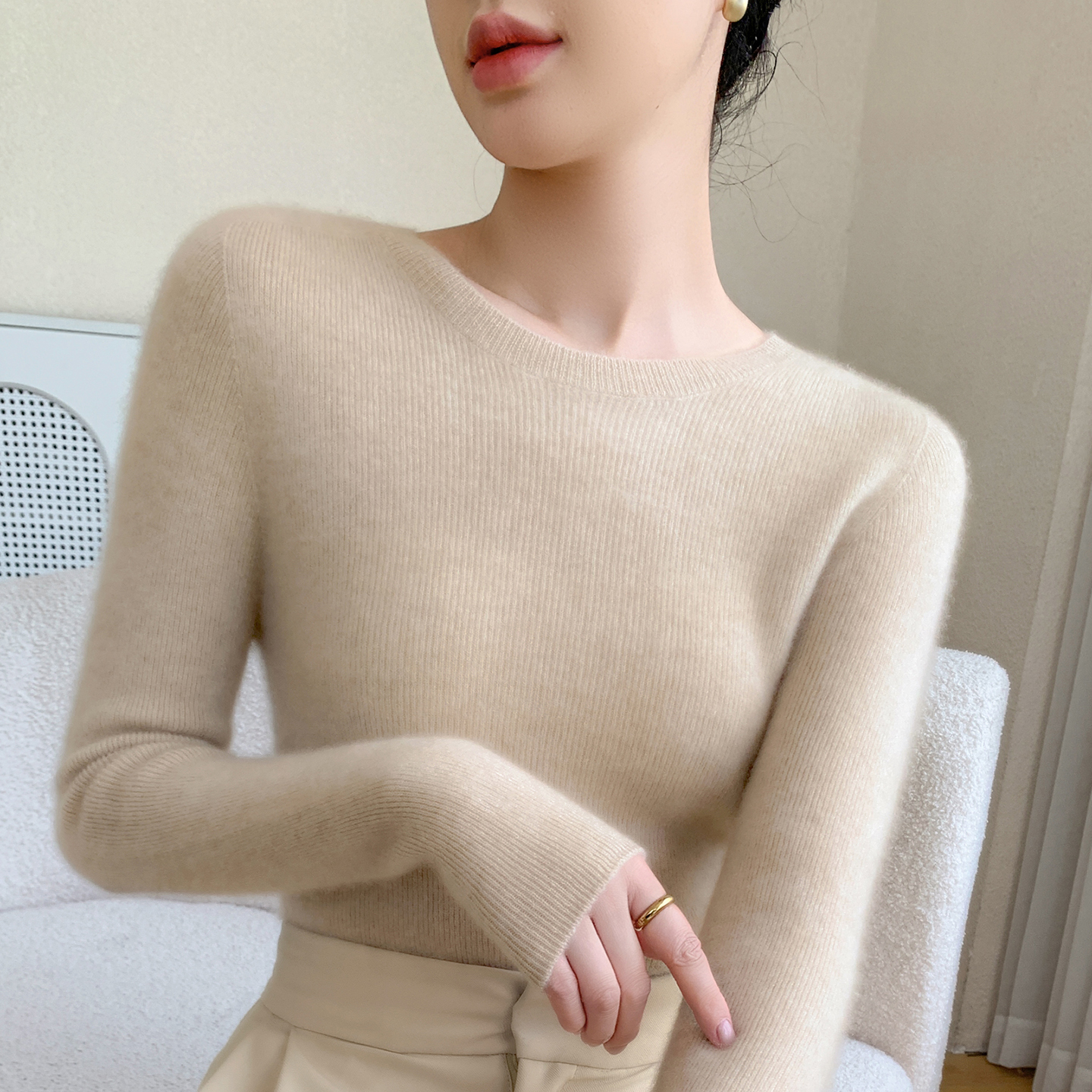 无缝一线成衣100%纯羊绒衫女圆领