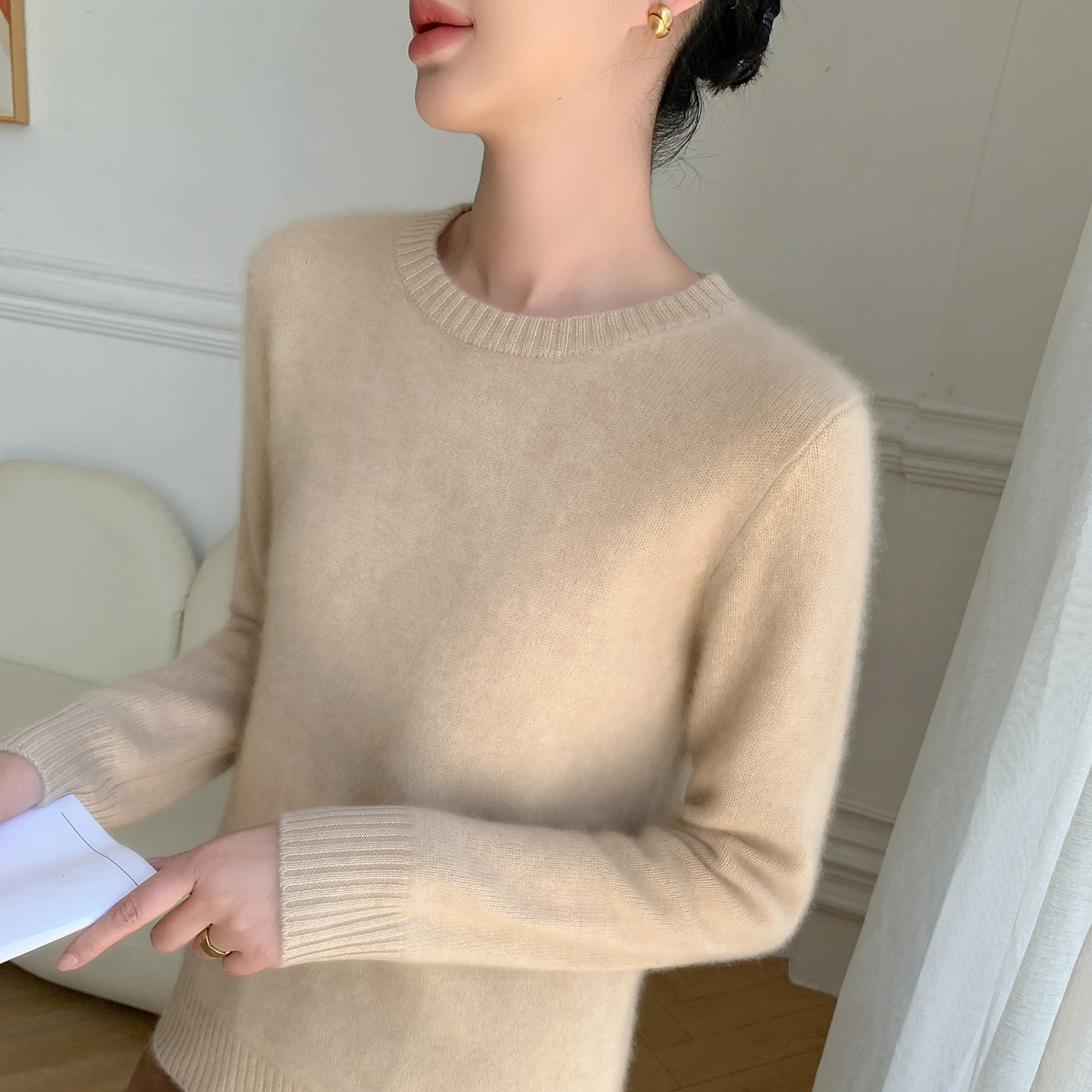 通勤圆领羊绒套头衫宽松简约长袖针织毛衣100%山羊绒针织衫