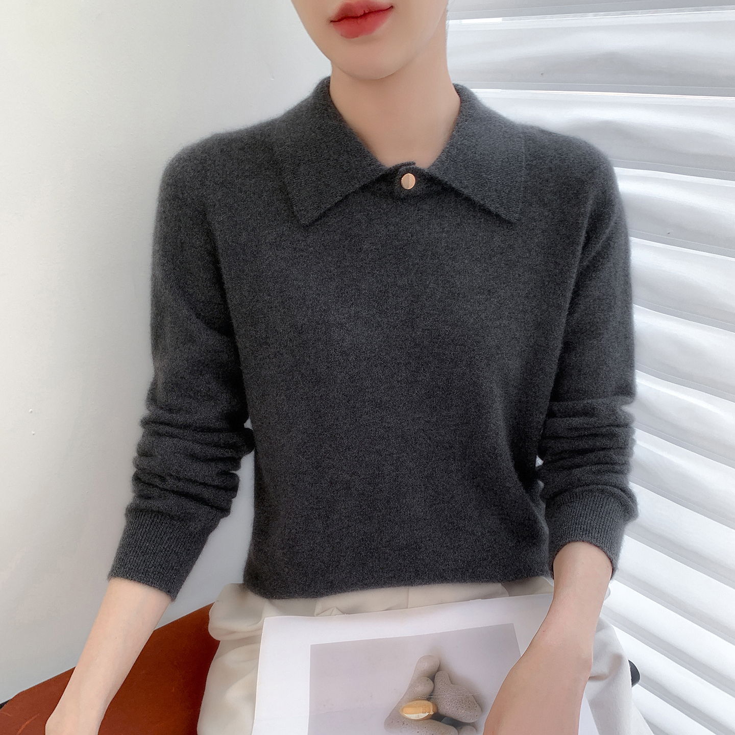POLO领套头100%山羊绒针织衫女
