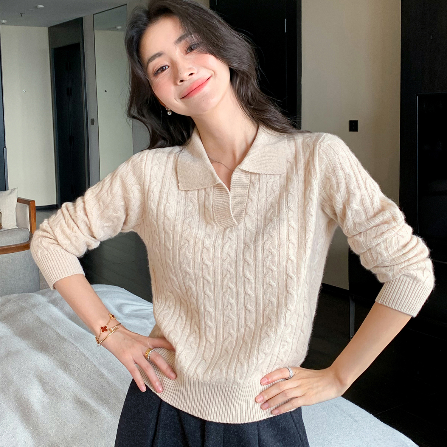 100%纯羊绒衫女POLO领麻花毛衣