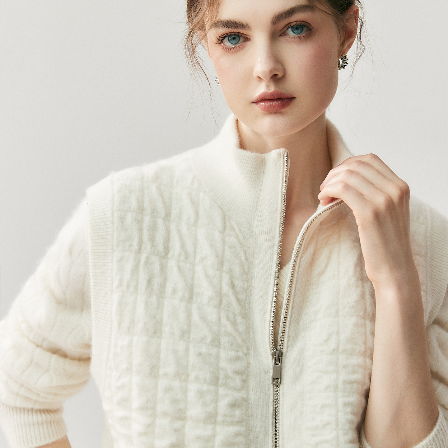 100%纯山羊绒衫半高领拉链马甲