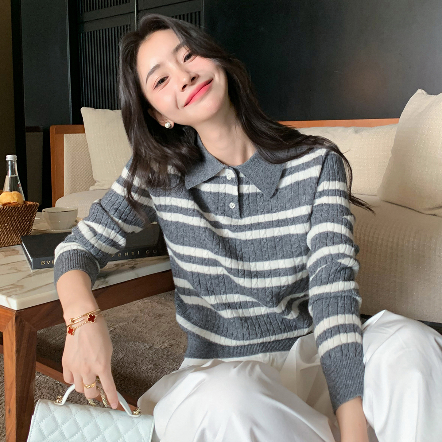 100%纯山羊绒衫女polo领撞色毛衣