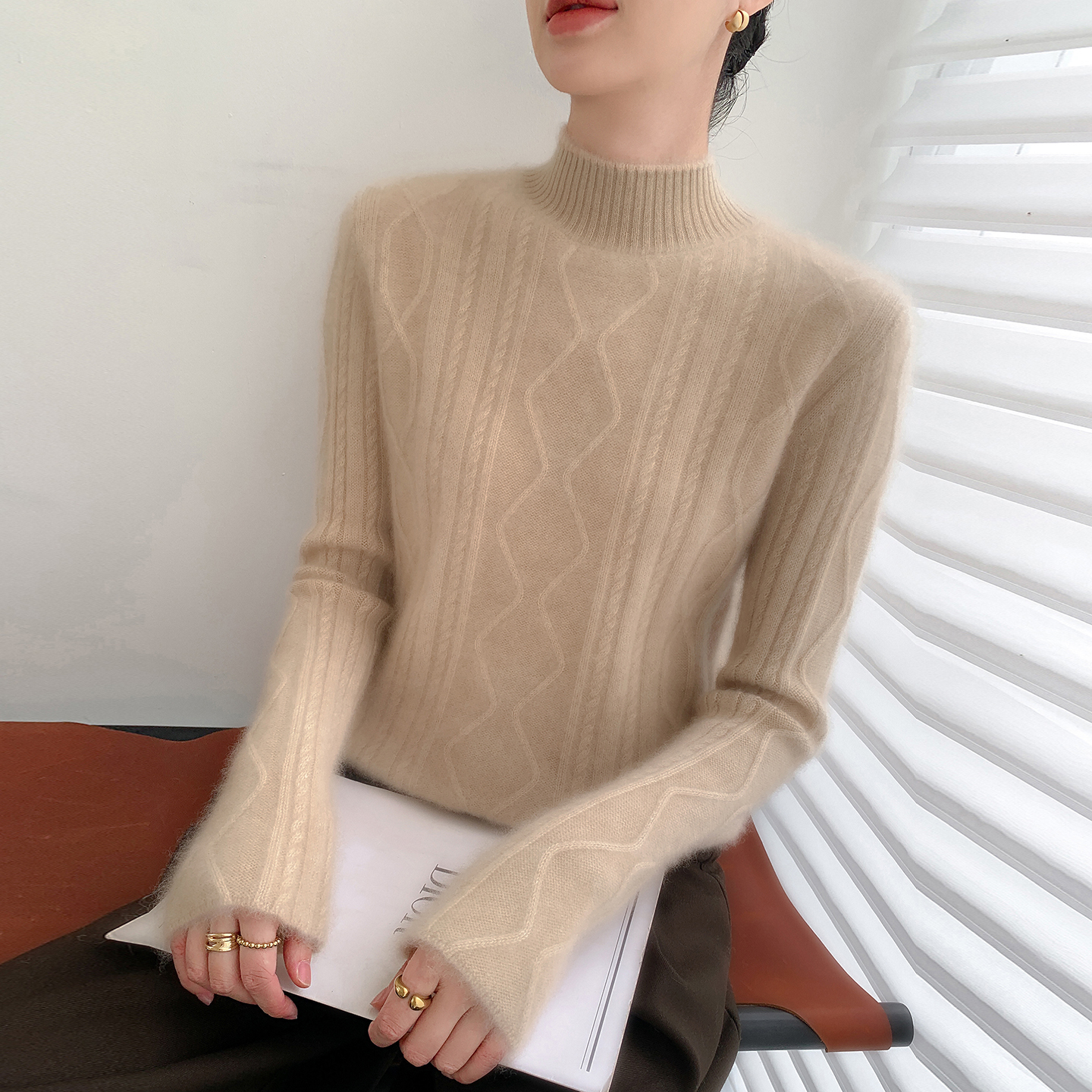 重磅绞花半高领100%羊绒衫女加厚