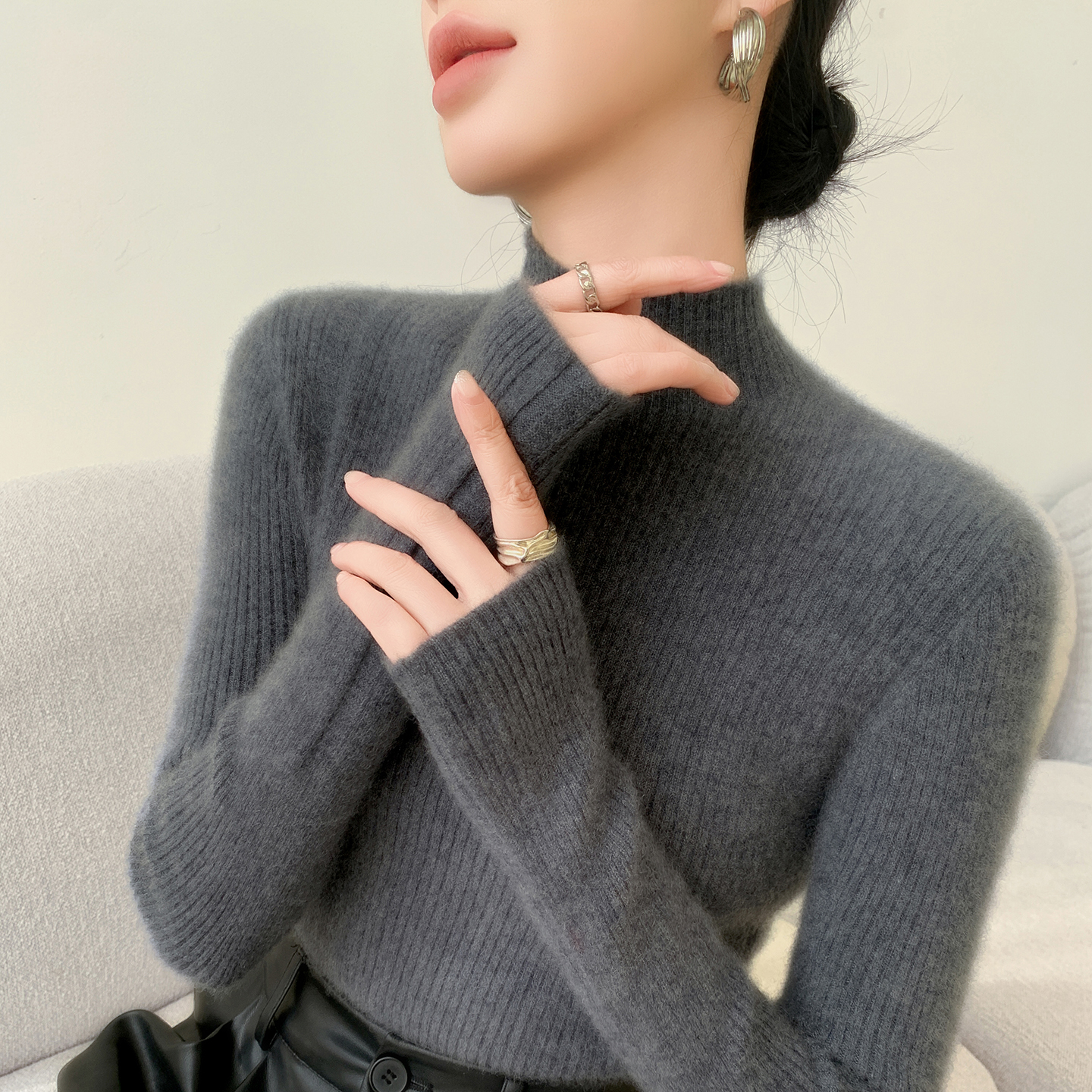 修身100%纯山羊绒衫女半高领