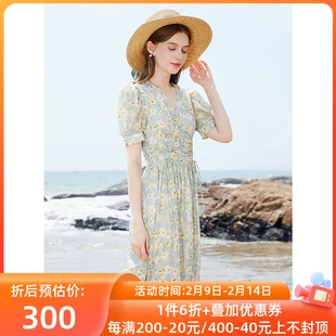 法式 三彩2022夏季 新款 碎花雪纺中长连衣裙V领高腰绑带清新氛围感