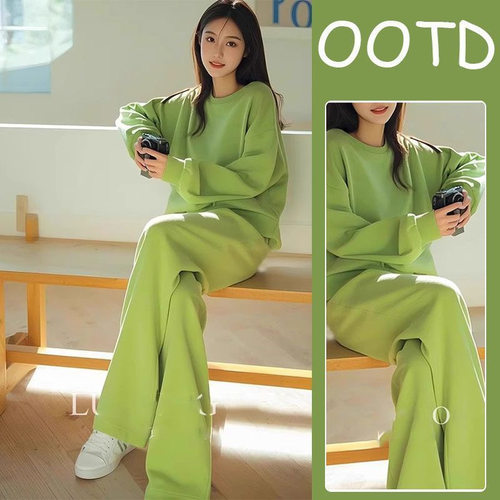 韩系高级感一整套ootd穿搭又a又飒早春季休闲减龄绿色卫衣套装女