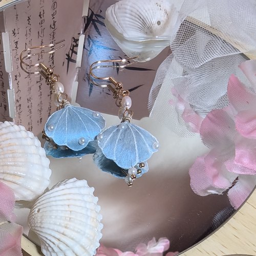 素染原创—桑酒，绒花贝壳耳饰蓝色贝壳耳环汉服耳饰