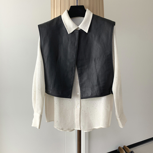 叠穿搭配洋气加分!时髦复古绵羊皮马甲~黑色圆领无袖背心短外套女
