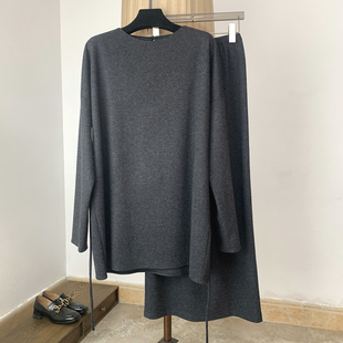 羊毛呢上衣半身裙开衩长裙女极简高级小众 宽松套装 庸懒自由 长袖