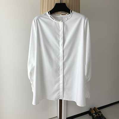 新中式窗花领白色叠穿长袖衬衫女