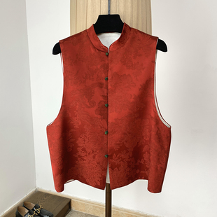新中式国风 新年本命年红色人丝麻交织提花马甲上衣立领坎肩背心