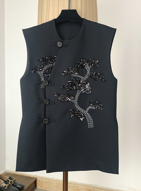 新中式马甲女重工钉珠亮片设计感宽松坎肩无袖羊毛醋酸西装马夹