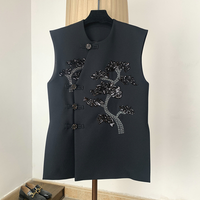 新中式钉珠亮片羊毛醋酸马甲